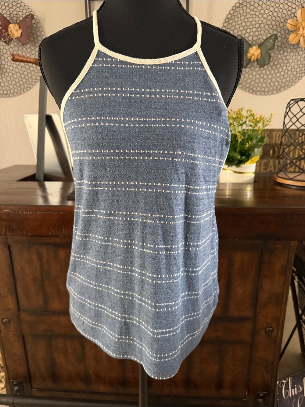 Hummingbird/Blue Stripe Halter Tank Top - Classic Summer Knit